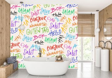 Hola, Bonjour, Guten Tag, Namaste ve diğerleri gibi çeşitli dillerde selamlamalar içeren renkli grafiti tarzı metin desenli duvar kağıdı