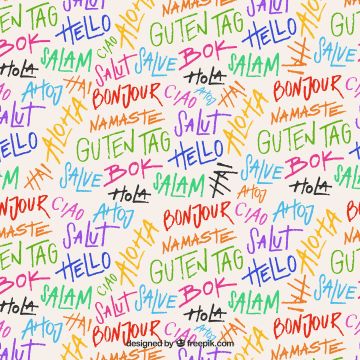 Hola, Bonjour, Guten Tag, Namaste ve diğerleri gibi çeşitli dillerde selamlamalar içeren renkli grafiti tarzı metin desenli duvar kağıdı