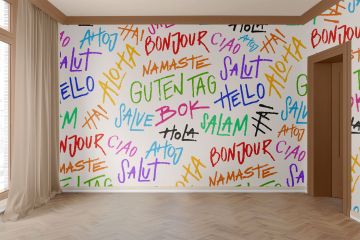 Hola, Bonjour, Guten Tag, Namaste ve diğerleri gibi çeşitli dillerde selamlamalar içeren renkli grafiti tarzı metin desenli duvar kağıdı