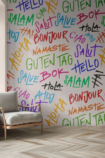 Hola, Bonjour, Guten Tag, Namaste ve diğerleri gibi çeşitli dillerde selamlamalar içeren renkli grafiti tarzı metin desenli duvar kağıdı